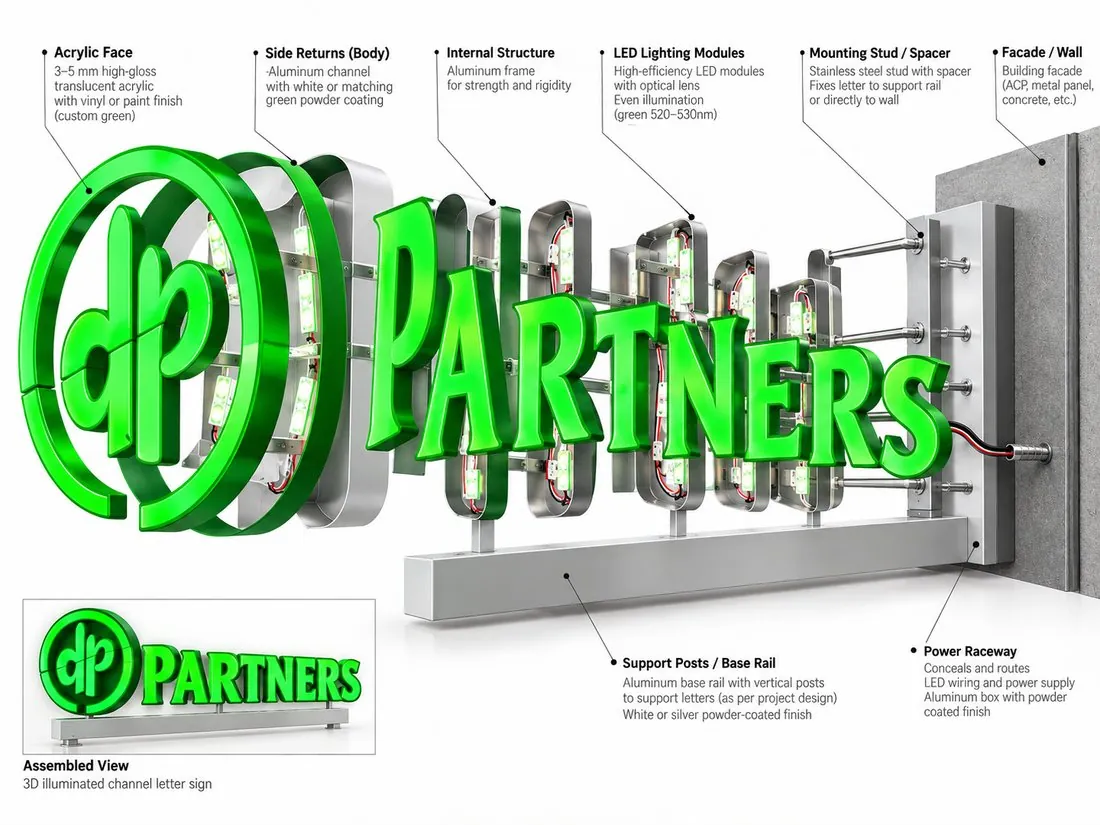 Pamje e shpërthyer: shkronja të ndriçuara PARTNERS